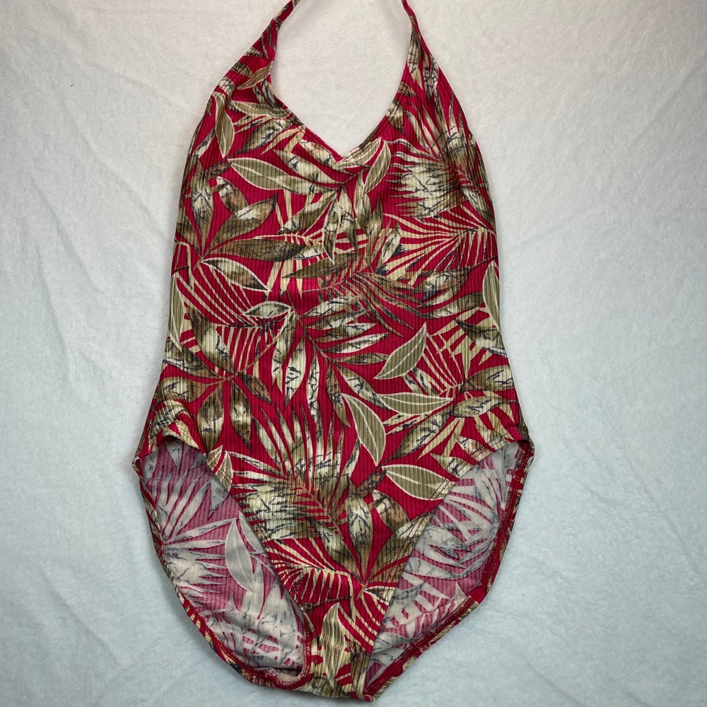 Catalina Womens Tropical Palm Ribbed Halter One Piece Swimsuit Red Gold‎ L 12/14
